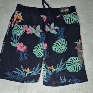 Blue and Green Board Shorts with Tropical Print